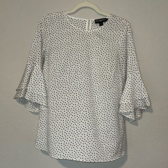 Karl Lagerfeld Polka Dot Tiered Bell Sleeve Top Women’s Size Medium White/Black - Picture 2 of 6